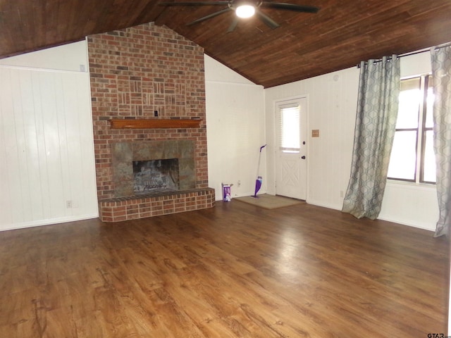803 Corey, Whitehouse, TX 75791 - unfurnished living room featuring ceiling fan, wood finished floors, wooden ceiling, lofted ceiling, and a brick fireplace