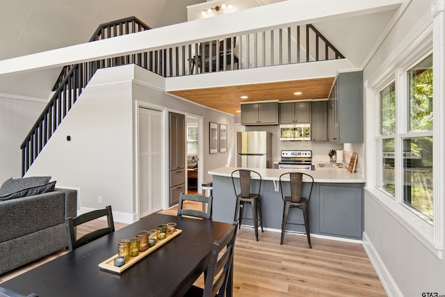 dining area with a high ceiling, sink, and light hardwood / wood-style flooring