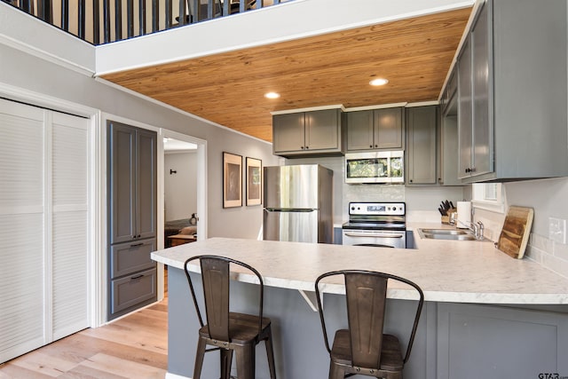 kitchen featuring stainless steel appliances, light hardwood / wood-style floors, kitchen peninsula, and gray cabinets