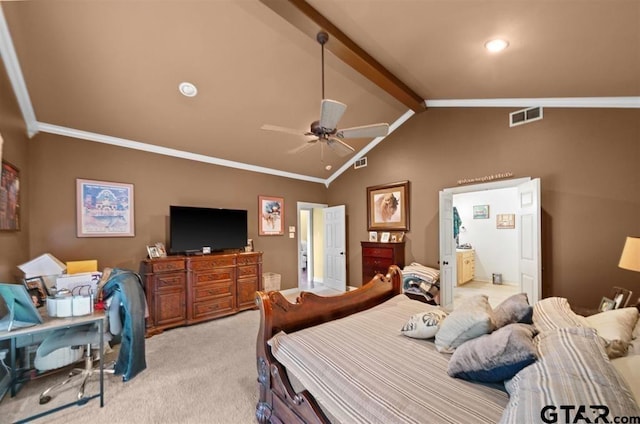 bedroom featuring light carpet, vaulted ceiling with beams, connected bathroom, and ornamental molding