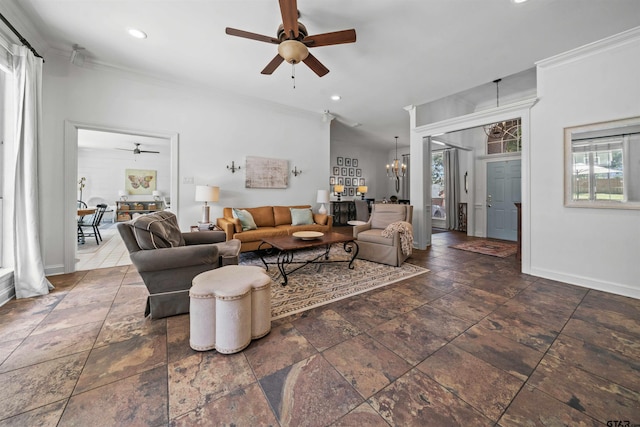 11213 Chasewood Dr, Tyler, TX 75703 - living room with a ceiling fan, crown molding, a chandelier, baseboards, and recessed lighting
