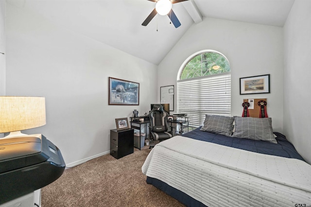 bedroom featuring lofted ceiling with beams, carpet, and ceiling fan