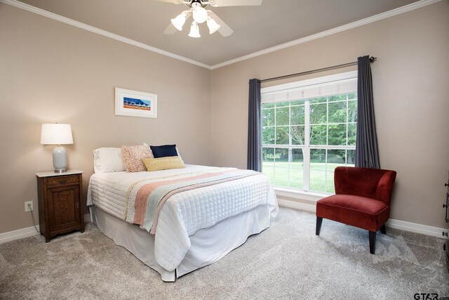11208 Marsh Wren Cir, Flint, TX 75762 - bedroom featuring light colored carpet, ornamental molding, and ceiling fan