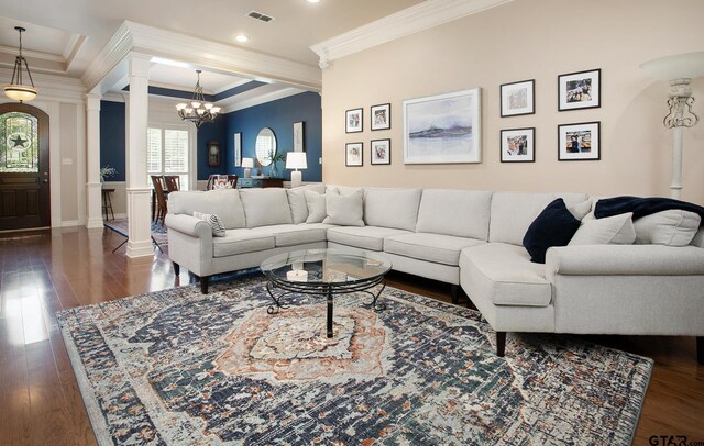 11208 Marsh Wren Cir, Flint, TX 75762 - living room featuring ornate columns, ornamental molding, wood finished floors, a chandelier, and recessed lighting