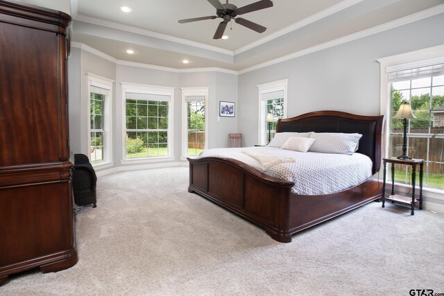 11208 Marsh Wren Cir, Flint, TX 75762 - bedroom featuring light colored carpet, multiple windows, ornamental molding, recessed lighting, and a tray ceiling