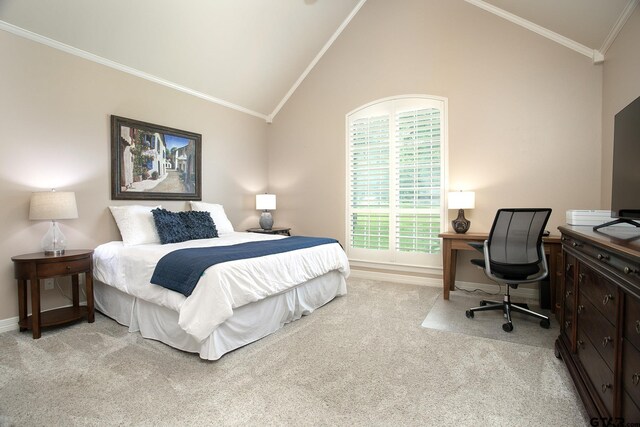 11208 Marsh Wren Cir, Flint, TX 75762 - bedroom with light colored carpet, vaulted ceiling, ornamental molding, and an office area