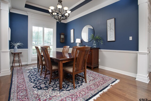 11208 Marsh Wren Cir, Flint, TX 75762 - dining space with a chandelier, ornamental molding, wood finished floors, and a raised ceiling