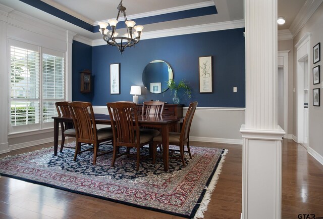 11208 Marsh Wren Cir, Flint, TX 75762 - dining room featuring decorative columns, wood finished floors, a chandelier, and crown molding