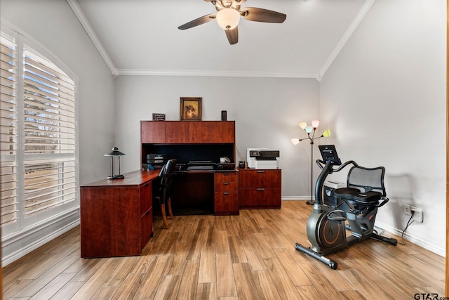 office featuring ceiling fan, ornamental molding, and light hardwood / wood-style floors