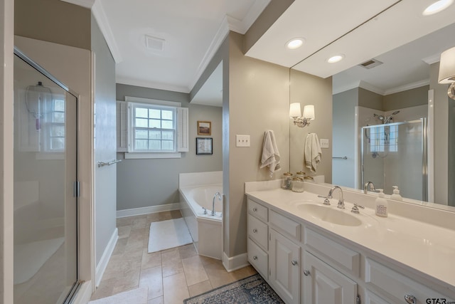 bathroom with vanity, crown molding, and plus walk in shower