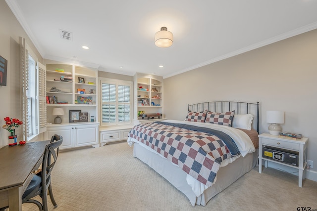 carpeted bedroom featuring ornamental molding