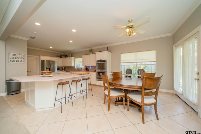 3 Casey Ct, Longview, TX 75604 - dining room with ornamental molding, recessed lighting, light tile patterned floors, and a ceiling fan