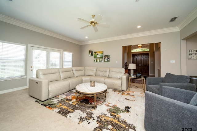 3 Casey Ct, Longview, TX 75604 - living room with a ceiling fan, ornamental molding, and recessed lighting