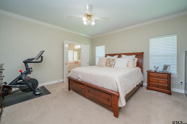 3 Casey Ct, Longview, TX 75604 - bedroom with light colored carpet, ornamental molding, a ceiling fan, and ensuite bath