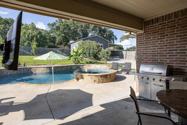 702 Jaxon Dr, Whitehouse, TX 75791 - view of swimming pool featuring a fenced backyard, a patio, a grill, and a storage unit