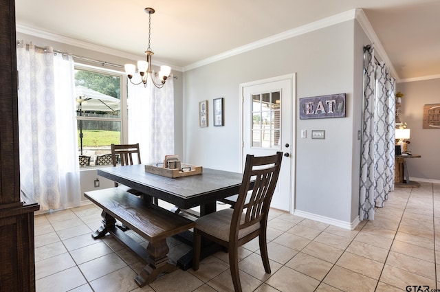 702 Jaxon Dr, Whitehouse, TX 75791 - dining area with a chandelier, light tile patterned floors, and crown molding