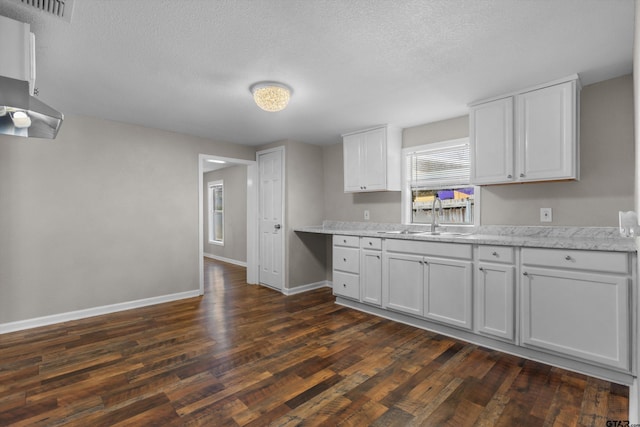 kitchen with dark wood finished floors, visible vents, white cabinetry, a sink, and baseboards