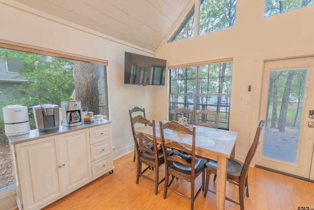 dining room featuring high vaulted ceiling, wooden ceiling, a healthy amount of sunlight, and light hardwood / wood-style flooring