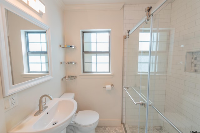 bathroom with a shower with door, plenty of natural light, sink, and crown molding