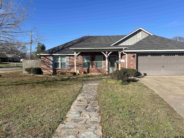 ranch-style house featuring a garage and a front lawn