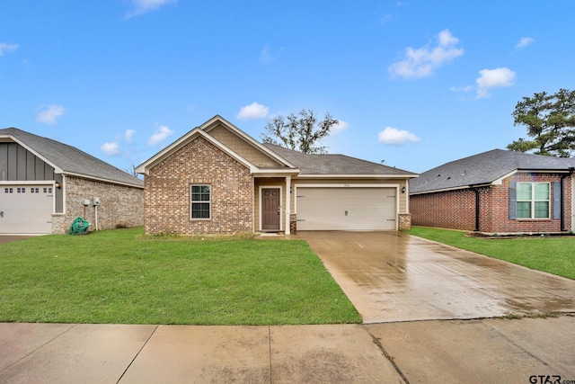 view of front of home with a garage and a front lawn