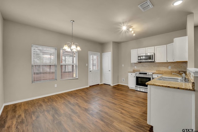 kitchen featuring pendant lighting, white cabinetry, appliances with stainless steel finishes, and sink