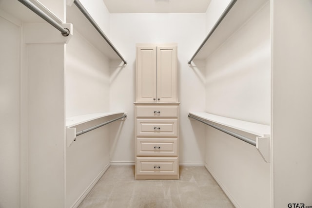 walk in closet with light colored carpet