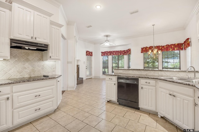 kitchen featuring black appliances, ornamental molding, white cabinetry, sink, and ceiling fan with notable chandelier