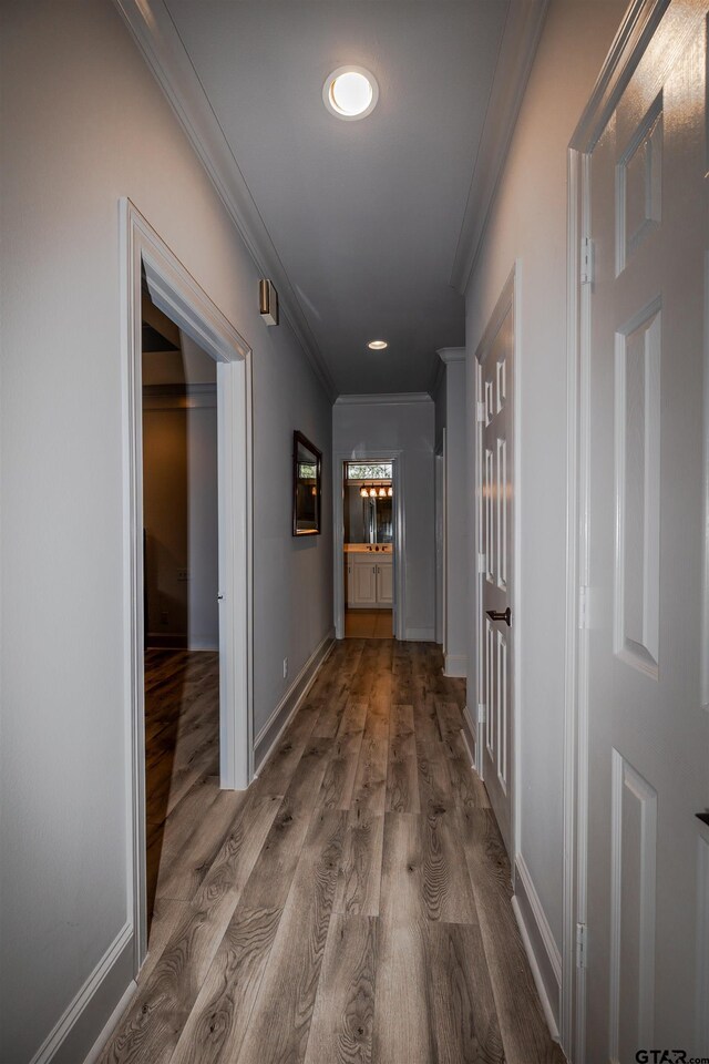 hallway featuring hardwood / wood-style floors and crown molding