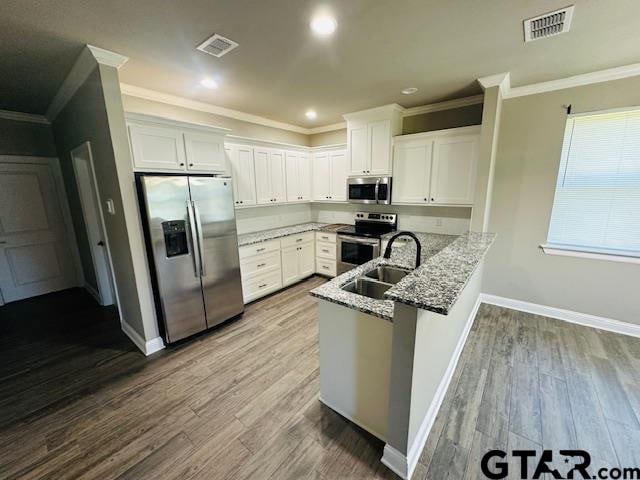 kitchen with light stone counters, white cabinetry, appliances with stainless steel finishes, sink, and kitchen peninsula