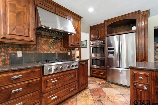 5766 Fm 279, Ben Wheeler, TX 75754 - kitchen with stainless steel appliances, exhaust hood, tasteful backsplash, recessed lighting, and open shelves