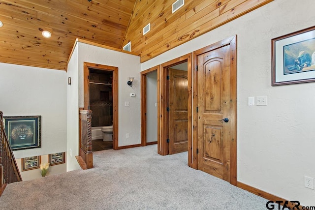 5766 Fm 279, Ben Wheeler, TX 75754 - corridor featuring carpet, wood ceiling, an upstairs landing, and vaulted ceiling