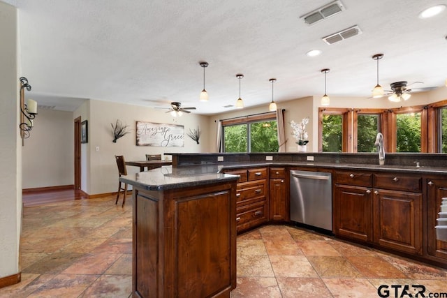 5766 Fm 279, Ben Wheeler, TX 75754 - kitchen featuring dishwasher, ceiling fan, stone tile flooring, recessed lighting, and hanging light fixtures