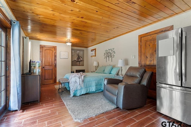 5766 Fm 279, Ben Wheeler, TX 75754 - bedroom with freestanding refrigerator, wooden ceiling, wood finished floors, and ornamental molding