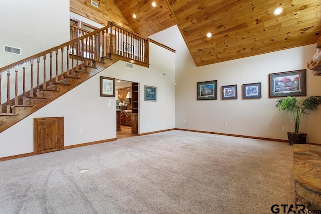 5766 Fm 279, Ben Wheeler, TX 75754 - unfurnished living room with wooden ceiling, recessed lighting, carpet floors, high vaulted ceiling, and stairway