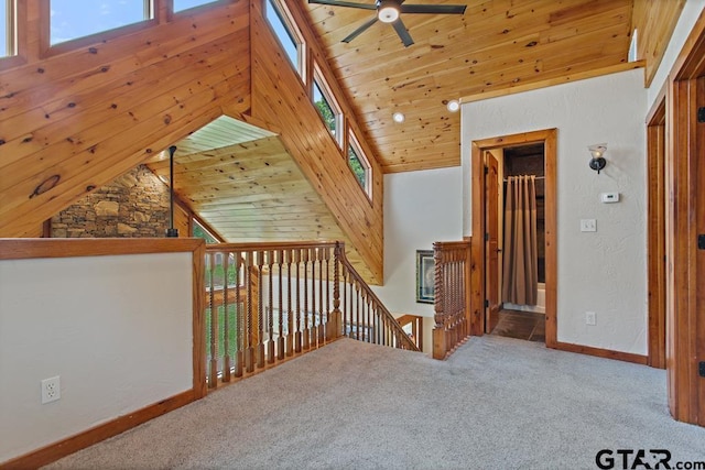 5766 Fm 279, Ben Wheeler, TX 75754 - additional living space with high vaulted ceiling, ceiling fan, carpet floors, plenty of natural light, and wooden ceiling