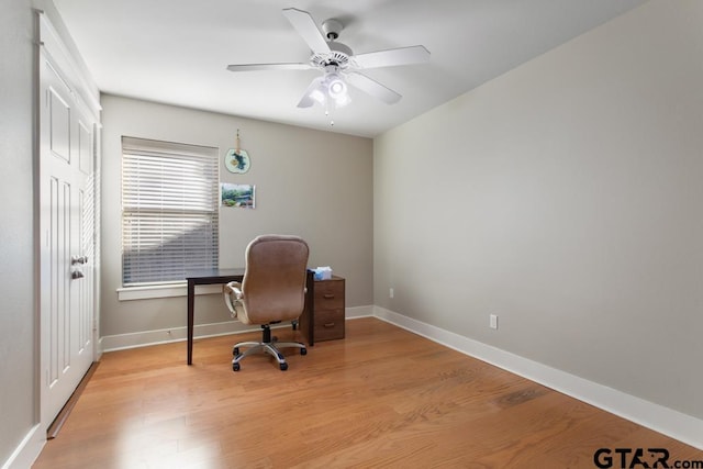 6023 Grace Ave, Tyler, TX 75707 - office area with light wood-style floors, ceiling fan, and baseboards