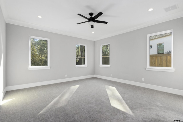 carpeted spare room with crown molding and ceiling fan