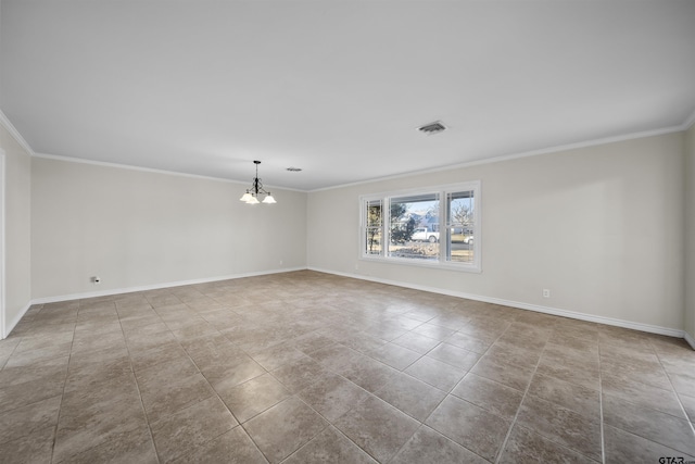 unfurnished room featuring light tile patterned floors, ornamental molding, and a notable chandelier