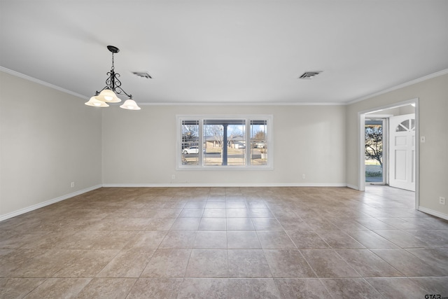 unfurnished room featuring light tile patterned floors, crown molding, and an inviting chandelier