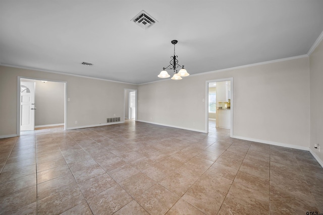 spare room featuring light tile patterned floors, a chandelier, and crown molding