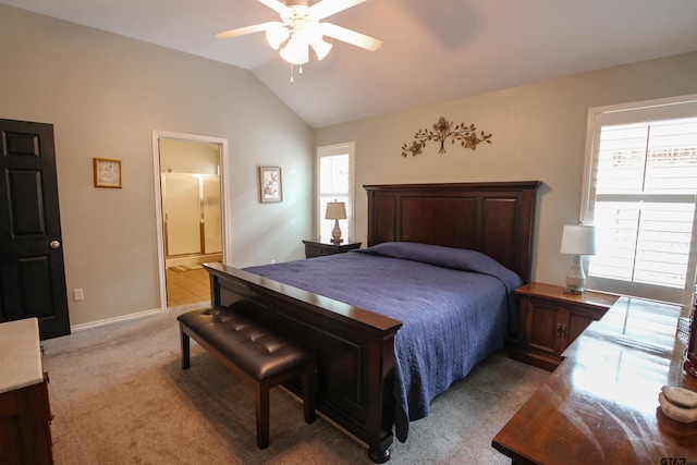 610 Winding Brook Ln, Tyler, TX 75703 - bedroom featuring ceiling fan, lofted ceiling, light colored carpet, and multiple windows