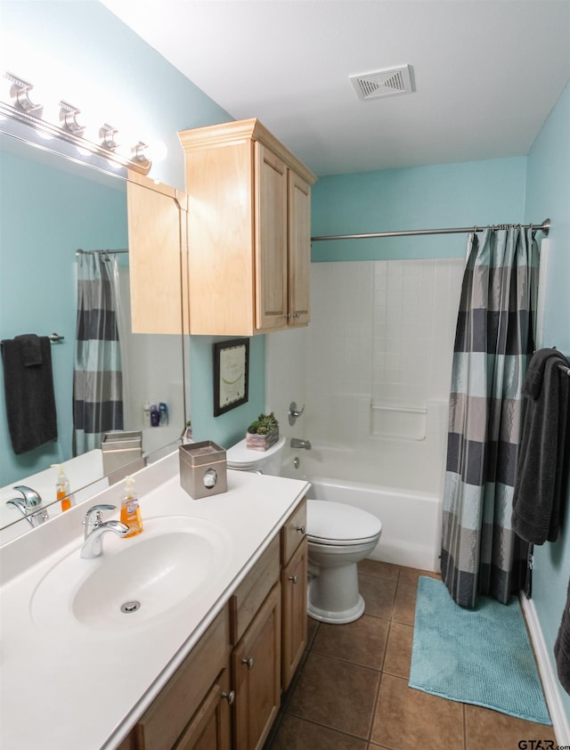 full bath with toilet, visible vents, tile patterned flooring, shower / bathtub combination with curtain, and vanity
