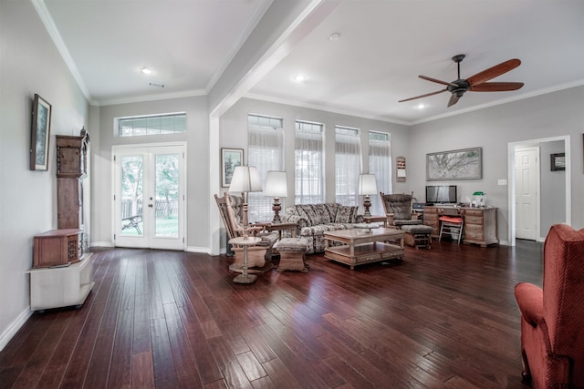 18400 Woodhollow Dr, Flint, TX 75762 - living room featuring a ceiling fan, french doors, hardwood / wood-style flooring, ornamental molding, and baseboards