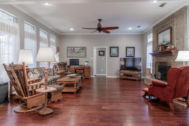 18400 Woodhollow Dr, Flint, TX 75762 - living room with plenty of natural light, hardwood / wood-style floors, a ceiling fan, a fireplace, and ornamental molding