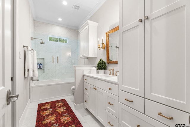 14698 Jade Forest Trl, Tyler, TX 75707 - bathroom with vanity, toilet, ornamental molding, combined bath / shower with glass door, and recessed lighting