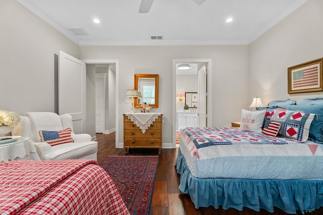 14698 Jade Forest Trl, Tyler, TX 75707 - bedroom with dark wood-style floors, recessed lighting, crown molding, baseboards, and ensuite bath