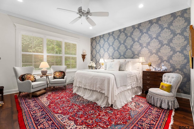 14698 Jade Forest Trl, Tyler, TX 75707 - bedroom with baseboards, wood finished floors, ornamental molding, recessed lighting, and a ceiling fan
