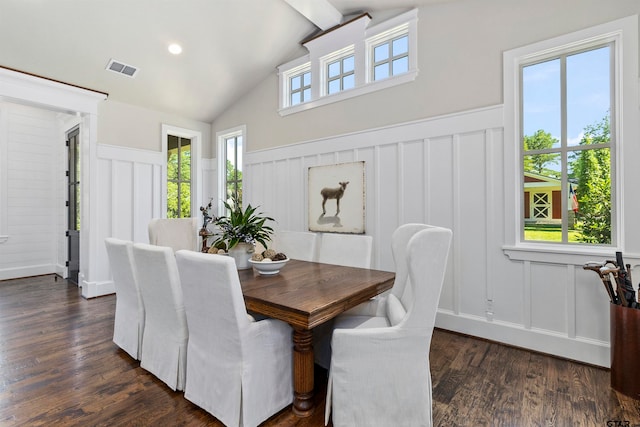 dining area with lofted ceiling, dark wood-type flooring, and a healthy amount of sunlight