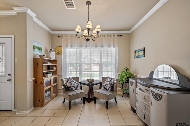 sitting room featuring crown molding, a healthy amount of sunlight, and an inviting chandelier